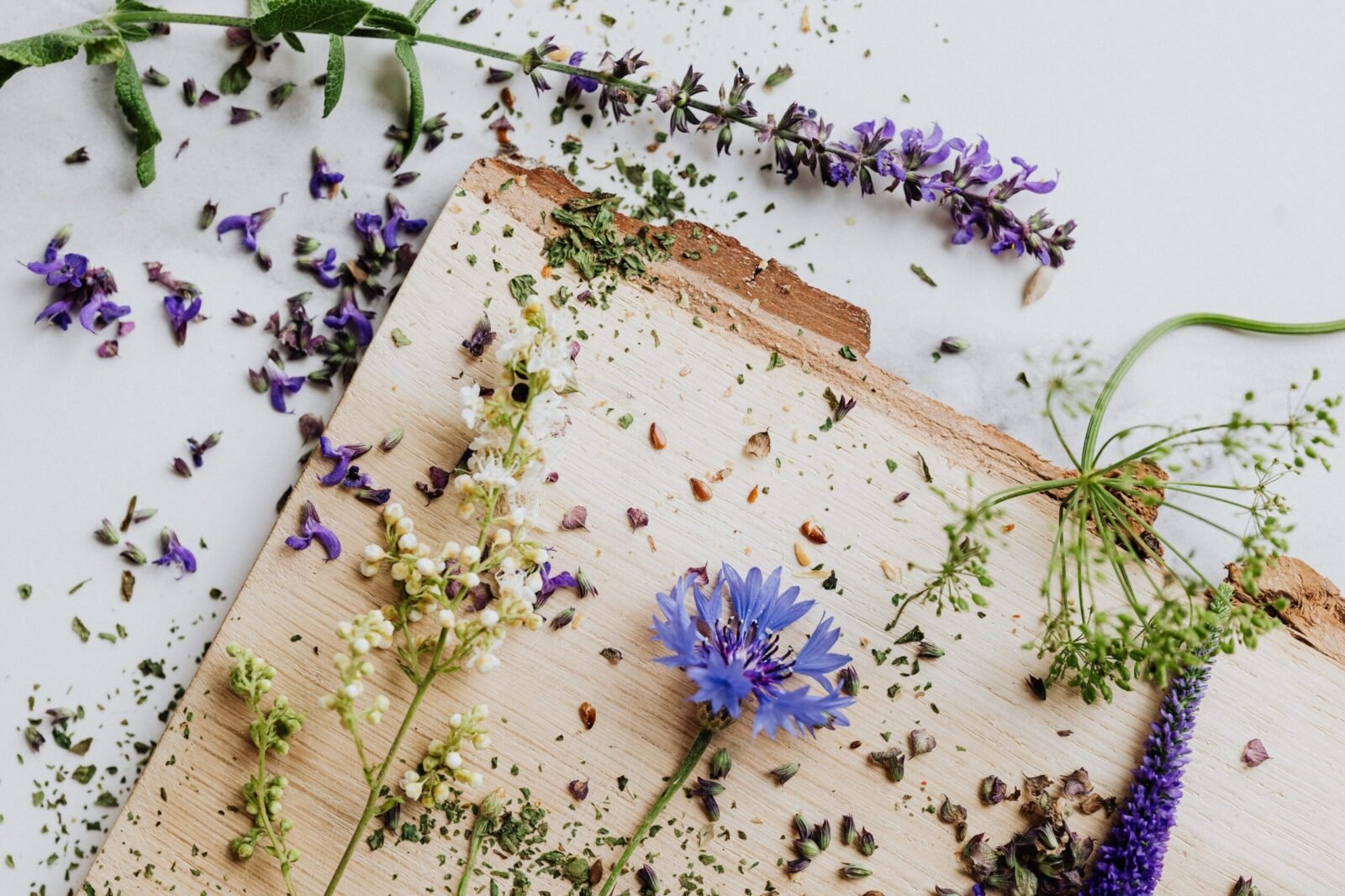 Aesthetic flat lay of various flowers and herbs on a rustic wooden board for natural decor.